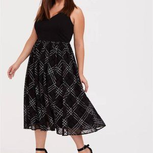 BLACK PONTE & MESH PLAID MIDI DRESS